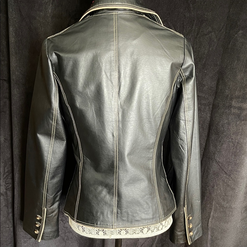 Women's Black Leather Blazer with Contrast Stitching - Picture 8 of 9